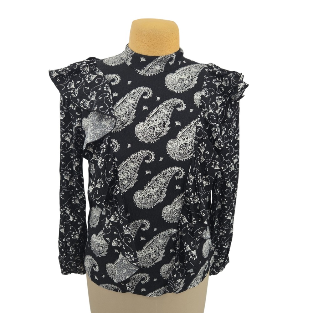 Ted Baker Tiasey Paisley Ruffle Blouse Women Size 2 Black White Long Sleeve Top